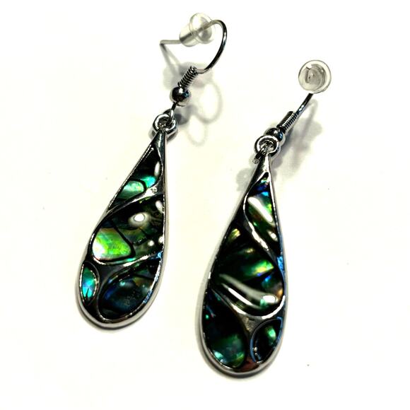 Pierced earrings drop & dangle long teardrops silver & abalone enamel finish - Picture 1 of 6